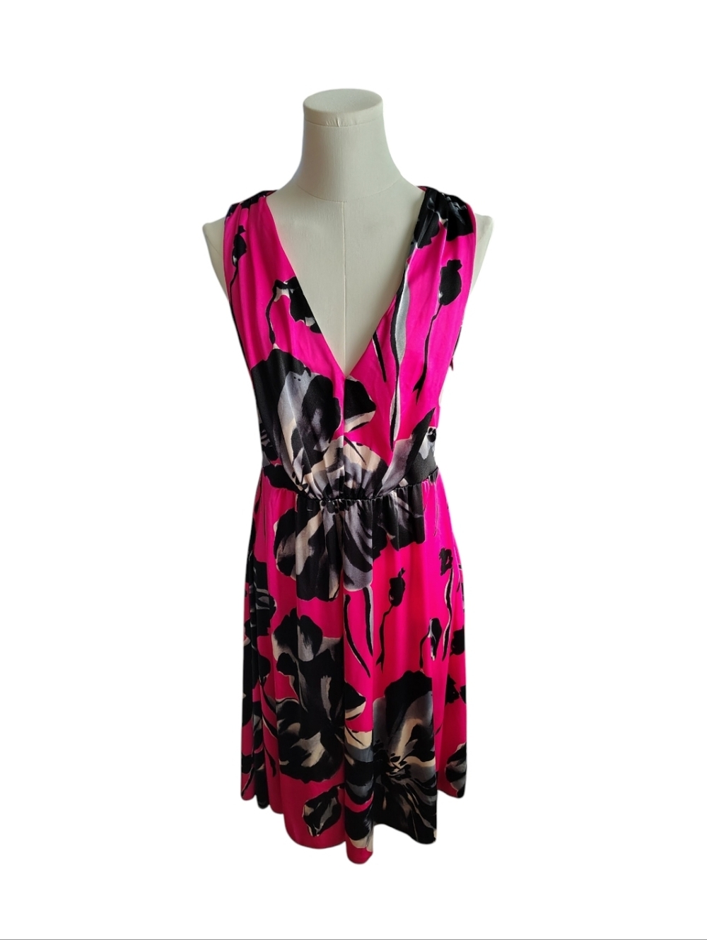 Bisou Bisou Barbie Pink Black Hibiscus Floral Plunging Neck Midi Dress Size 6
